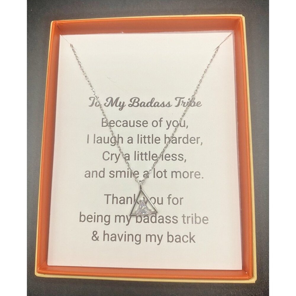 Sterling Silver Trillion CZ Necklace Gift Box NWT To My Badass Tribe  17" + 1.5" - Picture 2 of 6